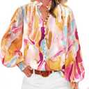 BTFBM Spring Fashion 2025 Button Down Long Sleeve Blouses for Women Dressy Casual V Neck Loose Printed Boho Tops Shirts (Small, Orange Pink)