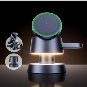 4 in 1 Wireless Charging Station with Night-Lamp for MagSafe Magnetic Fast Charger iPhone Wireless Stand, Travel Charger Multiple Devices for iPhone 16 15 Pro Max Airpods Apple Watch Ultra