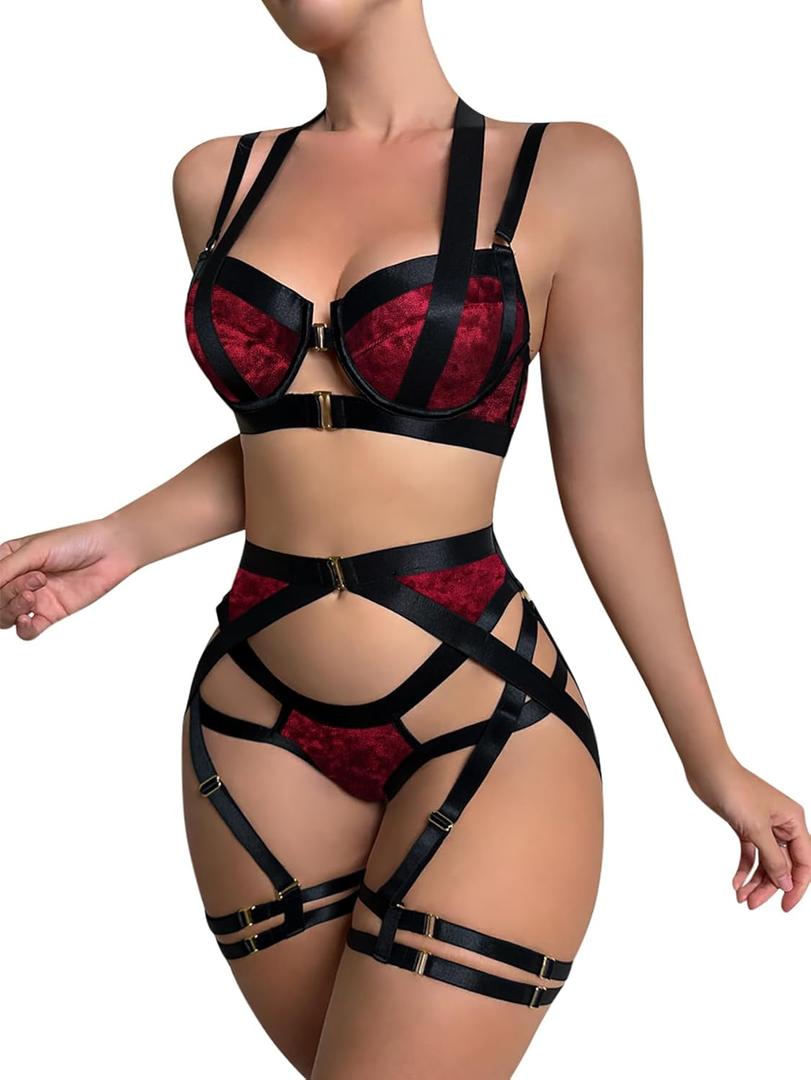 Lilosy Sexy Strappy Underwire Push Up Garter Belt Lingerie Set Harness Cutout Outfits Matching Bra Panty 3 Piece (Large, Red Velvet)