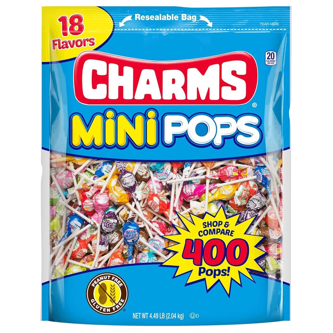 Tootsie Roll Charms Mini Pops - 4.5 lb Bag of Individually Wrapped Fruity Hard Candy Lollipops in 18 Fun Flavors - Peanut and Gluten Free, 400 Count, Packaging May Vary