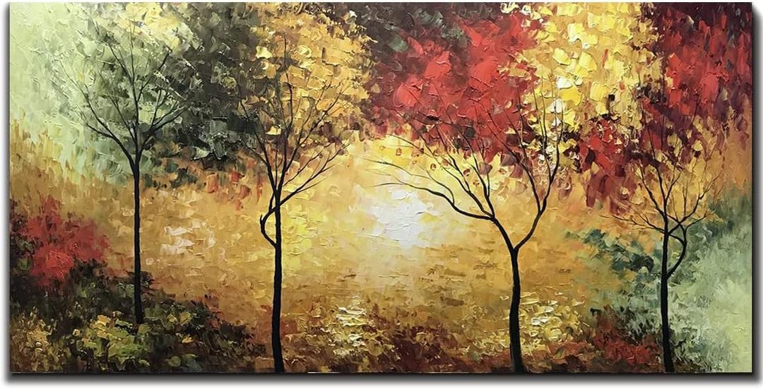 Tiancheng Art,24 X 48 Inch Modern Impressionism Tree Art Frame Oil Painting Propylene Canvas Hand-Painted Forest Wall Art Living Room Interior Decorative Painting Ready to Hang