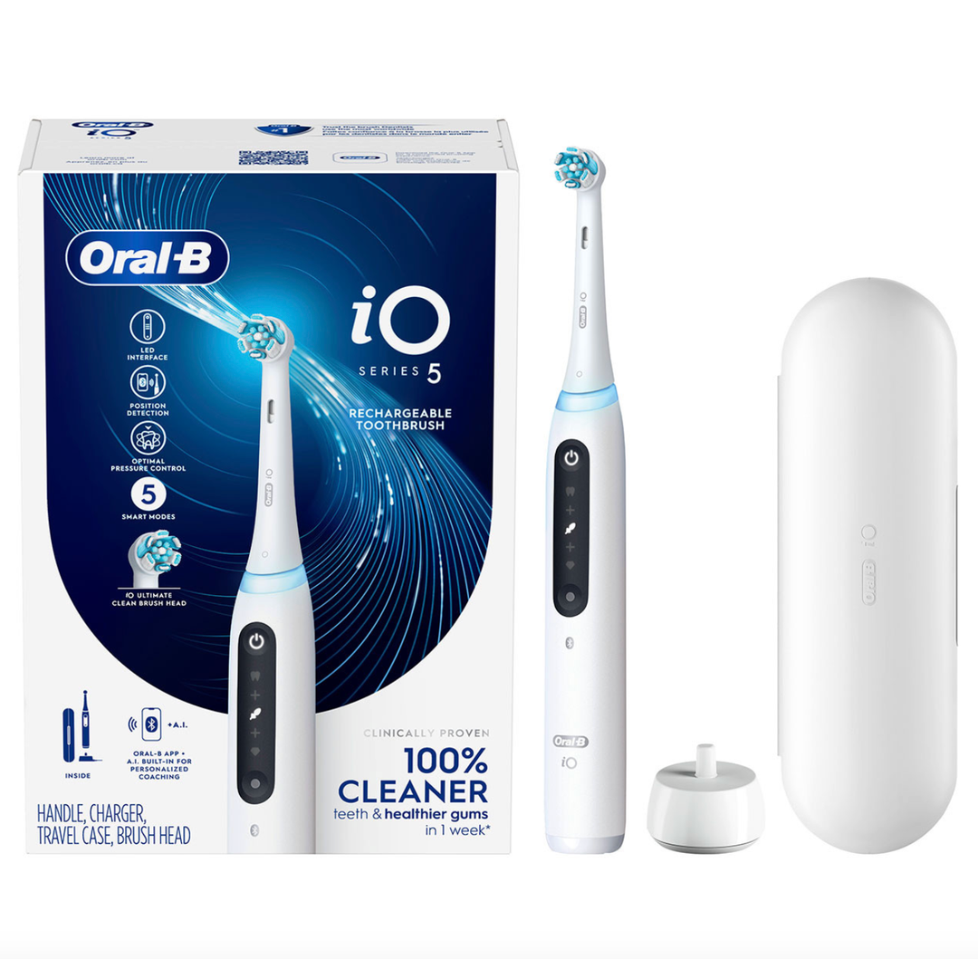 OralB iO Series 5 Rechargeable Electric Toothbrush with Visible Pressure Sensor to Protect Gums, 2 Minute Timer, 5 Cleaning Settings, 1 Replacement Toothbrush Heads, and Travel Case, White