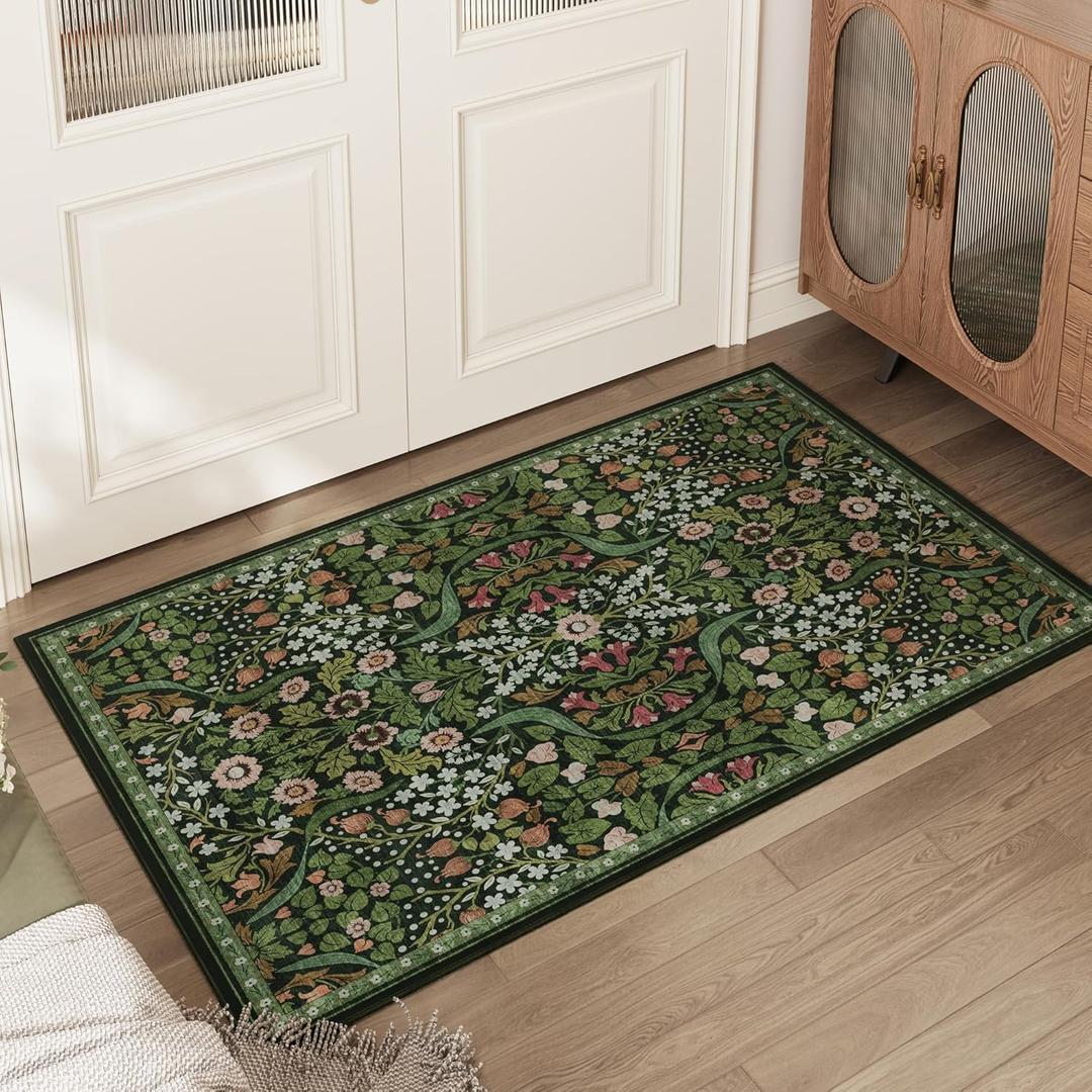 3x5 Floral Washable Area Rug for Kitchen, Non-Slip Soft Vintage Boho Carpet, Botanical Forest Green Small Low Pile Rugs for Bedroom, Entryway, Home Office, Dorm, Dark Green