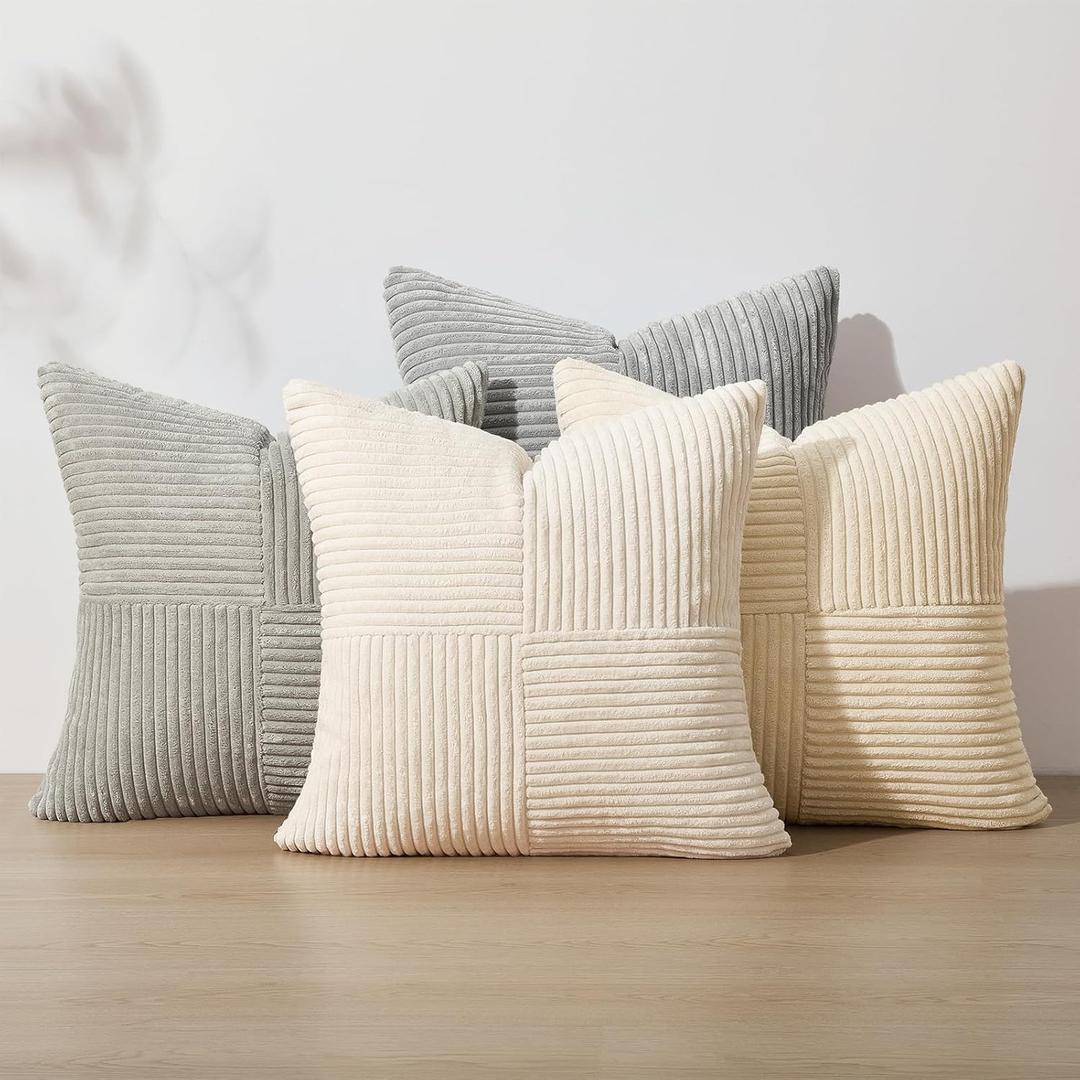 Topfinel Decorative Neutral Throw Pillow Covers 1616,Farmhouse Cozy Cushion Cover Set of 4 with Corduroy,Soft Accent Pillowcases for Couch,Bed,Living Room Home Decor (Cream,White)