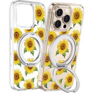Loheckle for iPhone 16 Pro Max Case with Stand- Compatible with MagSafe Women Girls Cute Clear Girly Aesthetic Unique Design Soft TPU Magnetic Ring Phone Cover for Apple 16 Promax, Sunflower