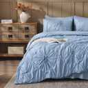 Sky Blue Comforter Set King Size Bed in A Bag 7 Piece Pinch Pleat Bedding Set, Pintuck Ruched Flowers Bed Set with Comforter, Sheets, Pillowcases & Shams