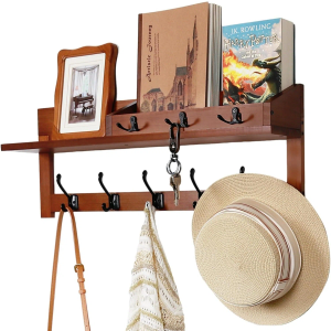 Exper City Coat Rack Wall Mount with Shelf, 26IN Wooden Coat Hanger Hooks Wall Mount with 8 Metal Hooks, Hanging Shelf with Hooks, Wood