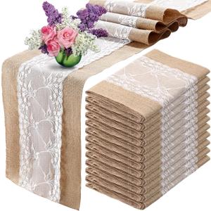 Chumia 12 Pcs 12 x 108 Inch Wedding Burlap Table Runners with White Lace Rustic Runner Decor Vintage Romantic Table Cloth Party Favors for Engagement Birthday Hotel Home Decor(Fresh Style)