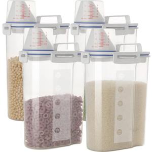 5.5 Lbs Rice Airtight Dry Food Storage Container Set of 4, Rice Storage Bin Cereal Containers Dispenser, Thicken Plastic Clear Food Storage Box with Pouring Spout, Measring Cup for Grain, Flour Snacks