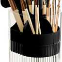 Makeup Brush Holder with Lid, One-Hand Press Open/Close Mechanism Cosmetic Tools Organizer, Clear Waterproof Dustproof Make Up Storage for Vanity, Bathroom Countertop-Black-Red Ball