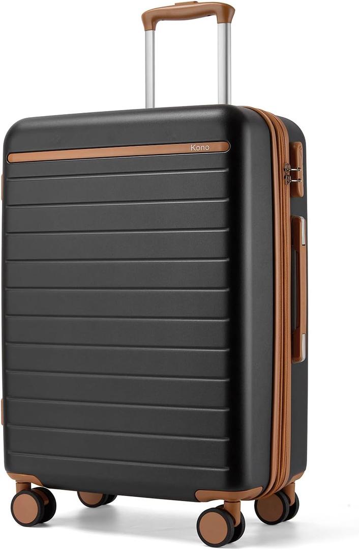 Kono 24 Inch Check In Suitcase Expandable Luggage, Business Travel Suitcase for 5-7 Days, Durable ABS+PC Hardshell with Side Handles & Kick Plates, Double Spinner Silent Wheels, Black/Brown, Checked-Medium 24-Inch