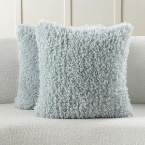 FUTEI Pack of 2 Decorative Throw Pillow Covers 18x18 Inch,Soft Fluffy Faux Wool Fur Boucle Textured Cushion Case,Modern Home Decor for Couch Bed Living Room Office,Light Blue