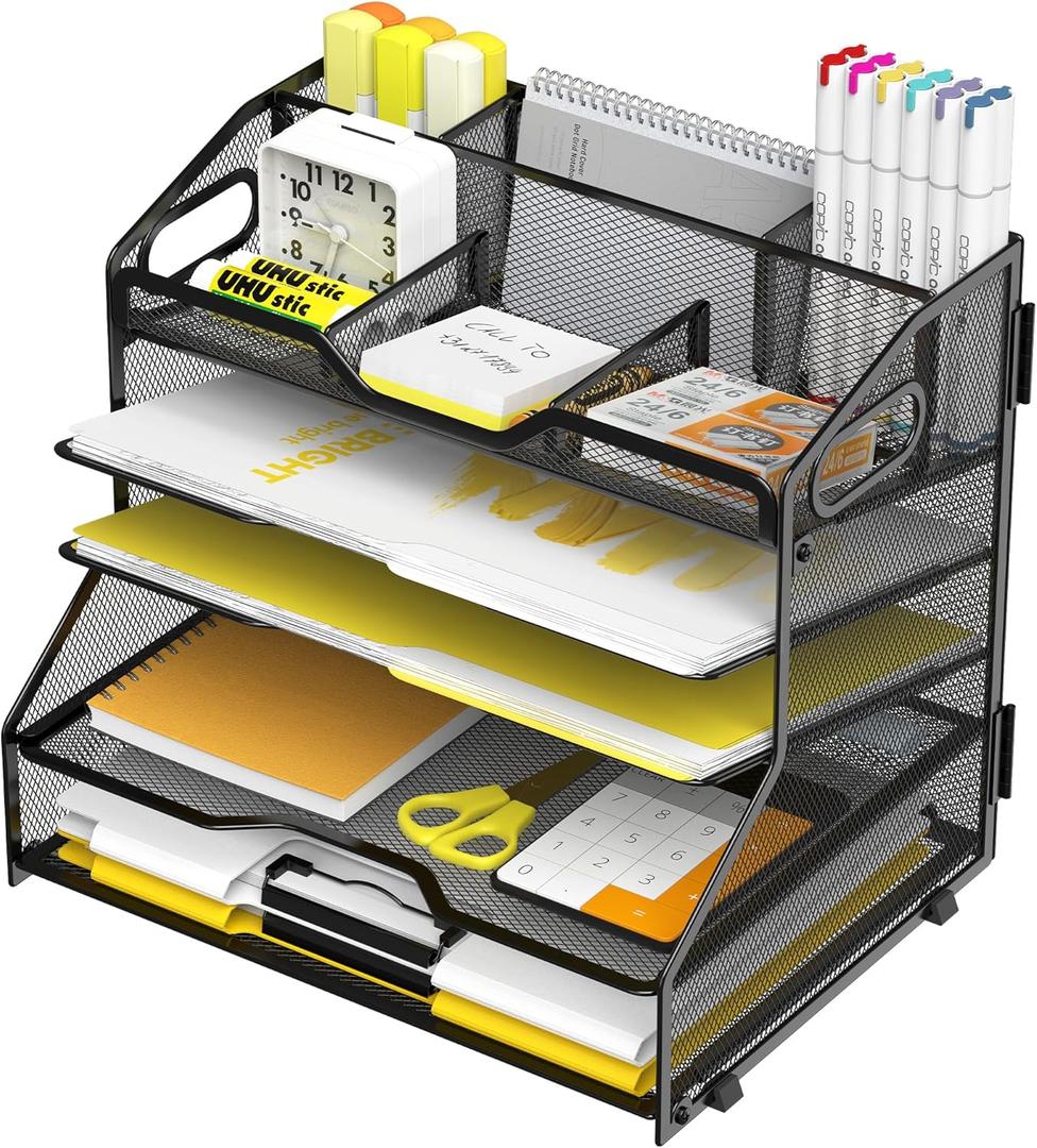 YINGHUA 5 Tier Paper Tray Letter Organizer with Top 6 Adjustable Compartments - Paper Sorter Office Desktop Accessories with Handles for Document,Mail,School Supplies Storage,Black