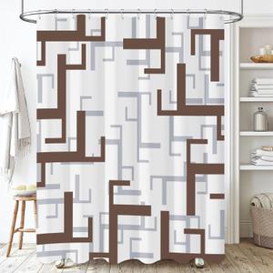 BTTN Stall Fabric Shower Curtain, 36x72 Inches Small Geometric Cloth Shower Curtain Set with 6 Plastic Hooks, Narrow Hotel Spa Half Neutral Modern Simple Polyester Shower Curtains for Bathroom, Brown