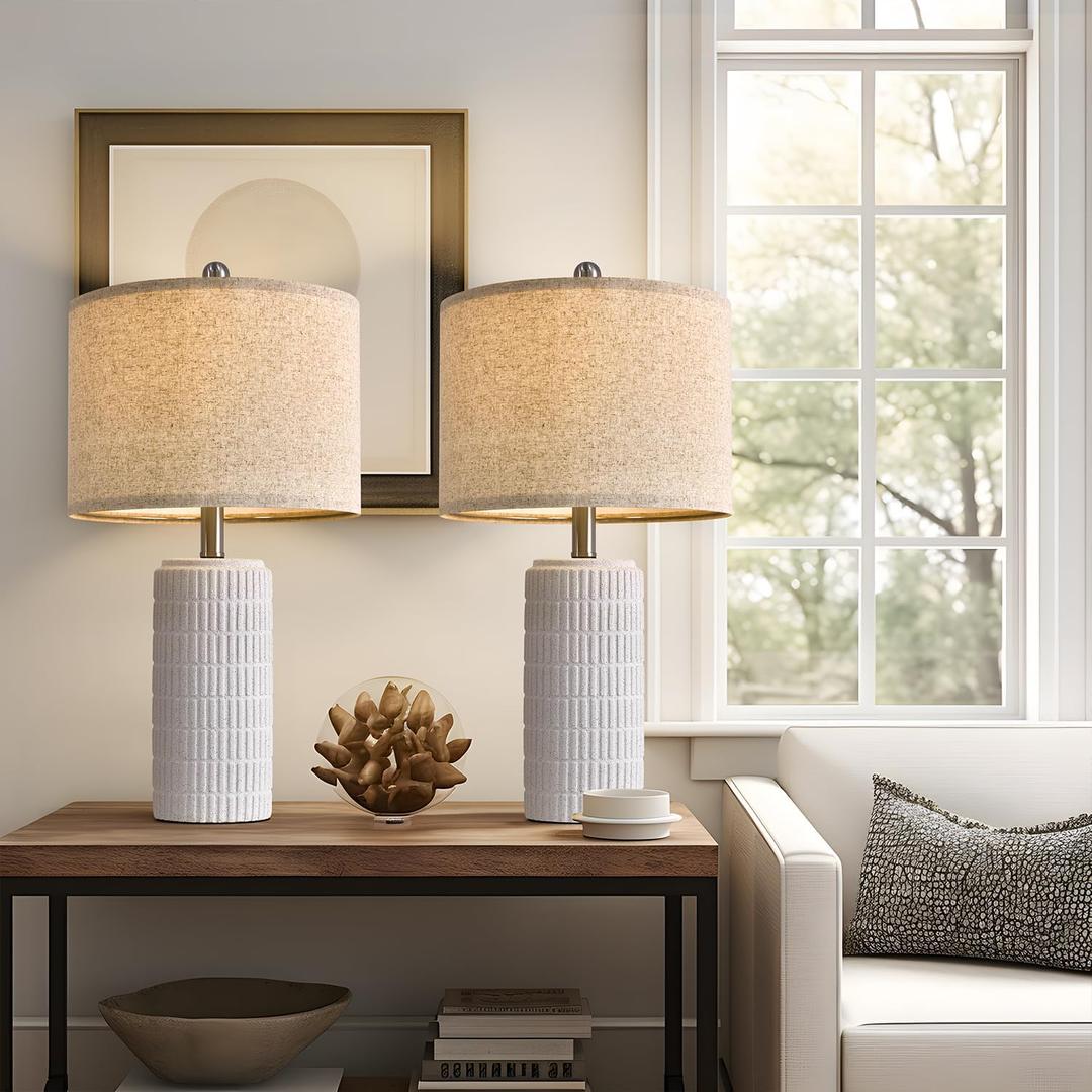 PoKat 23" Table Lamp, Farmhouse Bedside Lamps for Bedroom Set of 2, Ceramic End Table Lamps for Living Room, Traditional Nightstand Desk Lamps, Frosted White Lamps, Medium