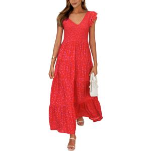 PRETTYGARDEN Women's Summer Flowy Maxi Dress Casual Cap Sleeve V Neck Smocked Beach Sundress (XX-Large, Print Red)