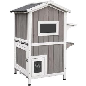 PetsCosset Outdoor Cat Shelter Weatherproof, Two Story Wooden Outside Feral Cat House with Openable Roof, Escape Door