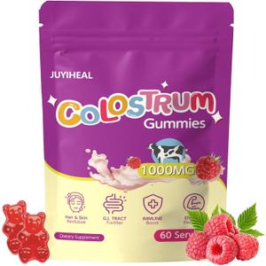 Colostrum Gummies, 1000 mg Grass Fed Colostrum Chews Colostrum Supplement for Gut Health, Hair Growth, Beauty, and Immune Support, Raspberry Flavor 60 Servings Exp 1/18/27