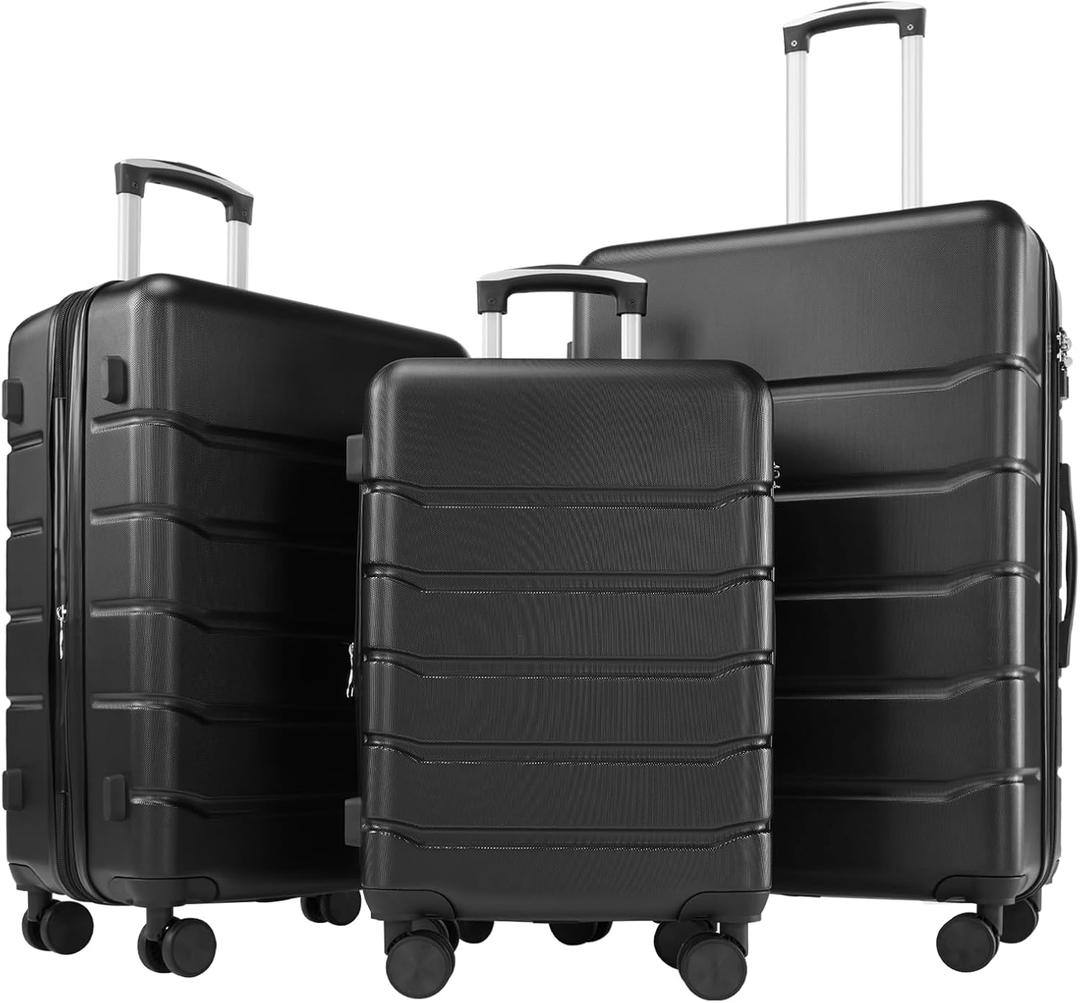 Sweetcrispy 3-Piece Luggage Sets, Hard Shell ABS Suitcases with Double Spinner Wheels, Lightweight Expandable Rolling Travel Luggage with TSA Lock (3-Piece Set (20/24/28), Black)