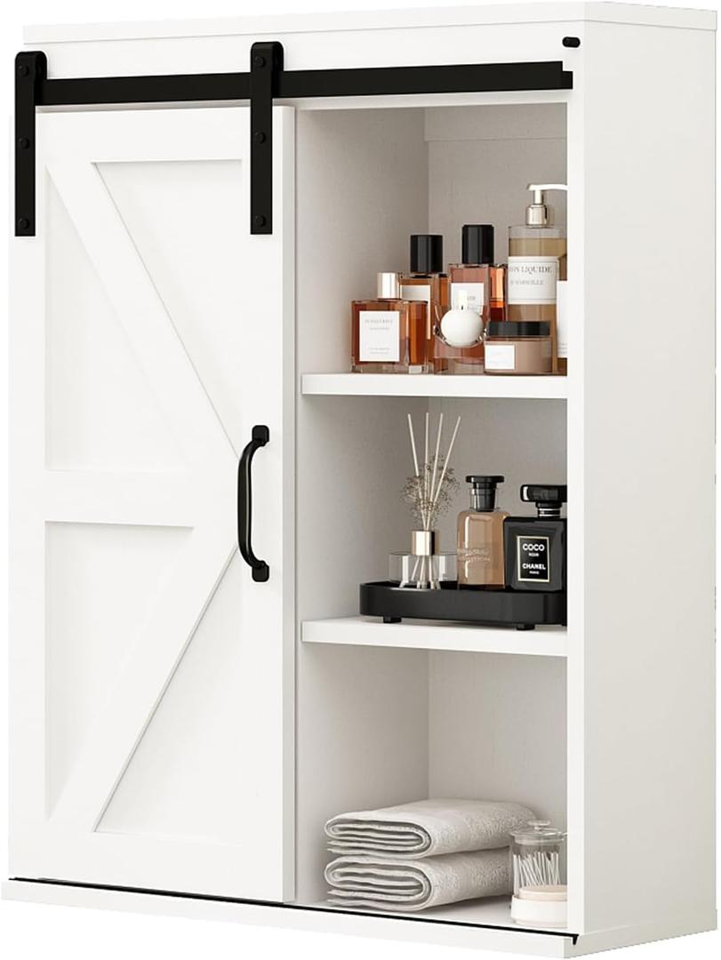 RUSTOWN Farmhouse Wood Wall Storage Bathroom Cabinet with Sliding Barn Door, Rustic Medicine Cabinet with Adjustable Shelf, 3-Tier Vintage Cabinet for Kitchen, Bathroom, Living Room (Vintage White), 27.6''x21.7''x7.8''