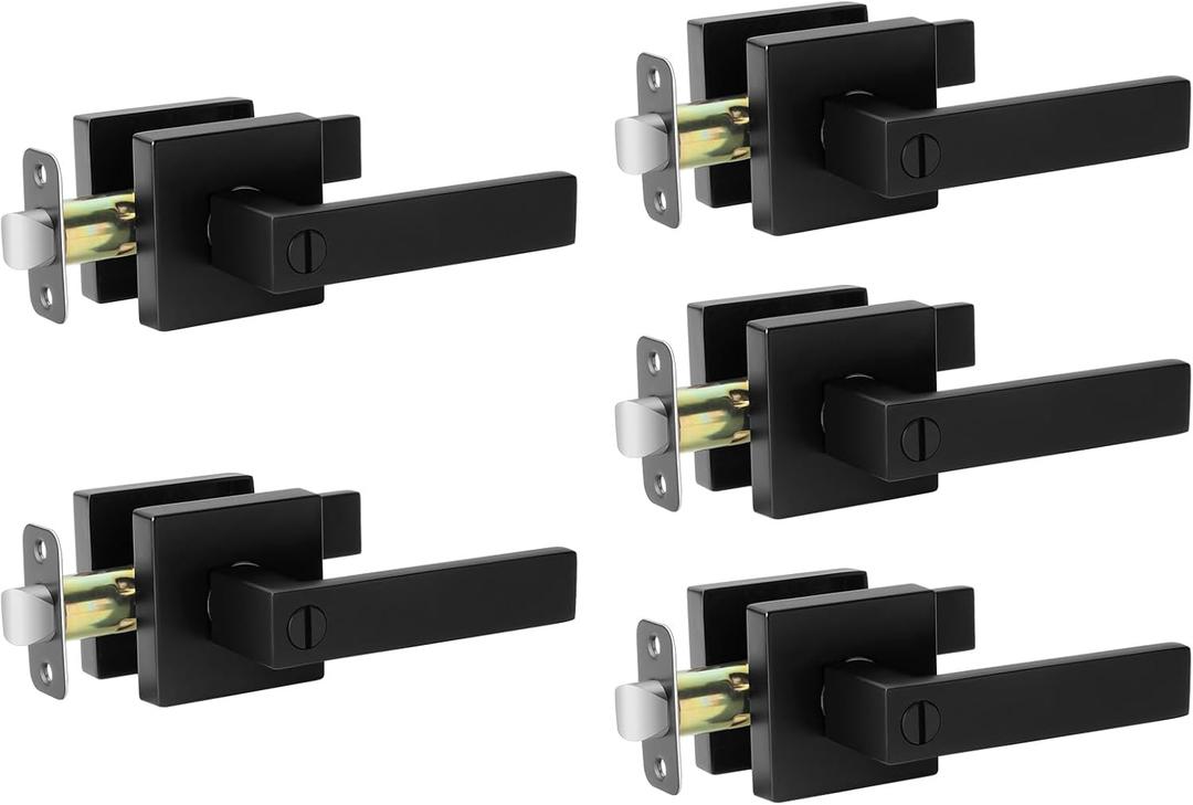 AIKKIL Black Interior Door Handle Square Keyless Door Lock Set, 5 Pack Privacy Door Levers Handle for Bedroom or Bathroom, Heavy Duty Door Handles with Reversible Handle for Left Right Sided Doors (Matte Black Finish)