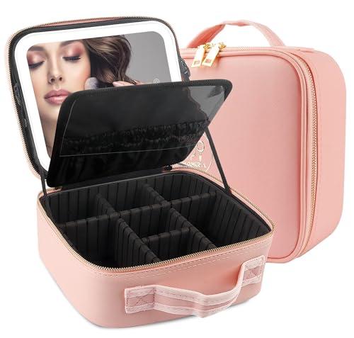 MOMIRA Makeup Train Case with Light & Mirror Large Cosmetic Organizer with Adjustable Dividers for Cosmetics,10X Magnifying Makeup Mirror, Pink