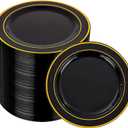 bUCLA 100PCS Black and Gold Plastic Plates - 6.25 inch Black Gold Premium Hard Disposable Dessert/Salad/Appetizer/Small Cake Plates for Party, Graduation & New year
