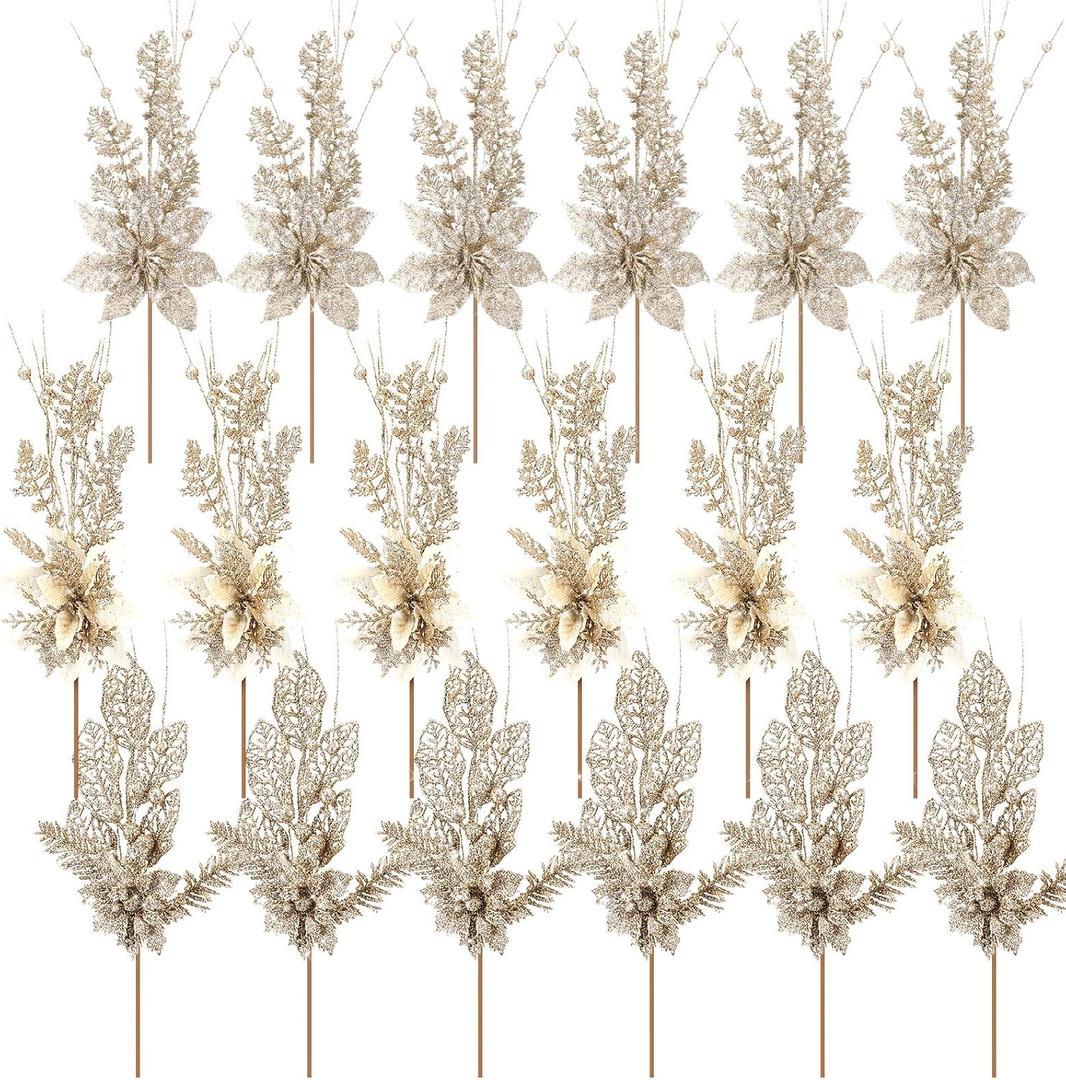 Suncalla 18 Pack 3 Styles 17 Inch Christmas Glitter Poinsettia Berry Stems Ornaments Artificial Floral Branches Picks for Christmas Tree Home Vase Holiday Party Decor(Champagne)