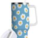 Light Blue Bg White Daisies Tumbler with Handle and Straw Leak Proof Tumbler 2 in 1 Lid Insulated Water Bottle Tumblers Stainless Steel Cup Large Travel Mug Cups, Gifts for Women Man, 40oz
