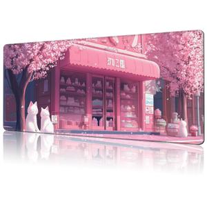 NIYLYNSYN Mouse Pad Large Cake Shop and White Cats Non-Slip Gaming Desk Mat with Stitched Edge Laptop Keyboard Desk Pad for Work Home Gaming (35.4 x 15.7 Inches)