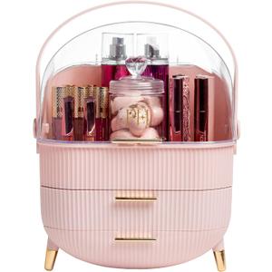 Paris Hilton Makeup Storage Organizer with Lid, Cosmetics and Skincare Organizer for Vanity, Portable Makeup Storage Box for Countertop, Fluted Design with Gold Accents, Pink