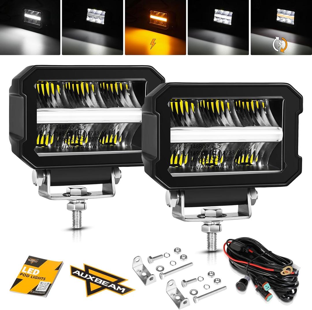 Auxbeam 4.5 Inch LED Driving Light Pods, Offroad Cubes Driving Beam Spotlights with White DRL& Amber Turn Signal Light, 120W 13920LM Super Bright Off Road Work Auxiliary Lights with Wiring Harness