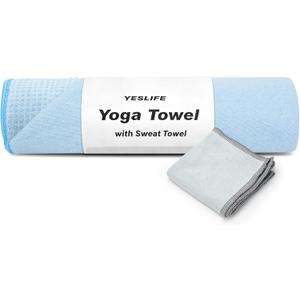 YESLIFE Non-Slip Extra Thick Hot Yoga Towel with One Sweat Towel, Microfiber Sweat Absorbent Yoga Mat Towel with Grip Dot, Pilates Mat, 72" x 24", Light Blue