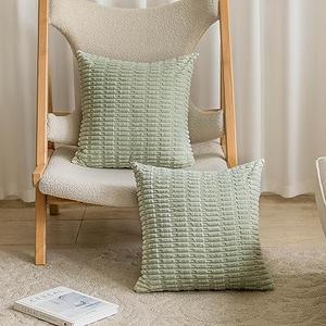 Home Brilliant Square Sage Green Spring Pillow Covers 22x22 Soft Striped Corduroy Solid Plush Throw Pillows for Couch Sofa Bench Living Room Decor, Set of 2, 18 x 18 inch, Light Green