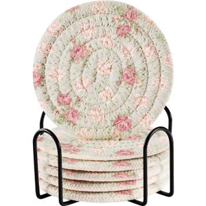Shabby Chic Rose 6 Pcs Coasters with Holder for Table Home Decor Bar Housewarming Gift