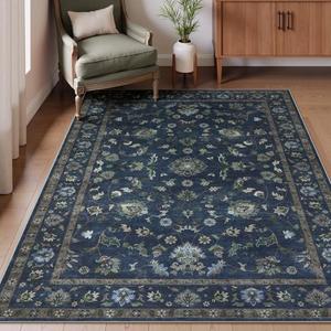 Wonnitar 5x7 Washable Area Rug, Non Slip Vintage Floral Rug for Bedroom, Ultra-Thin Stain Resistant Floor Carpets Rugs for Living Room Dining Room Home Office,(Blue,5x7)