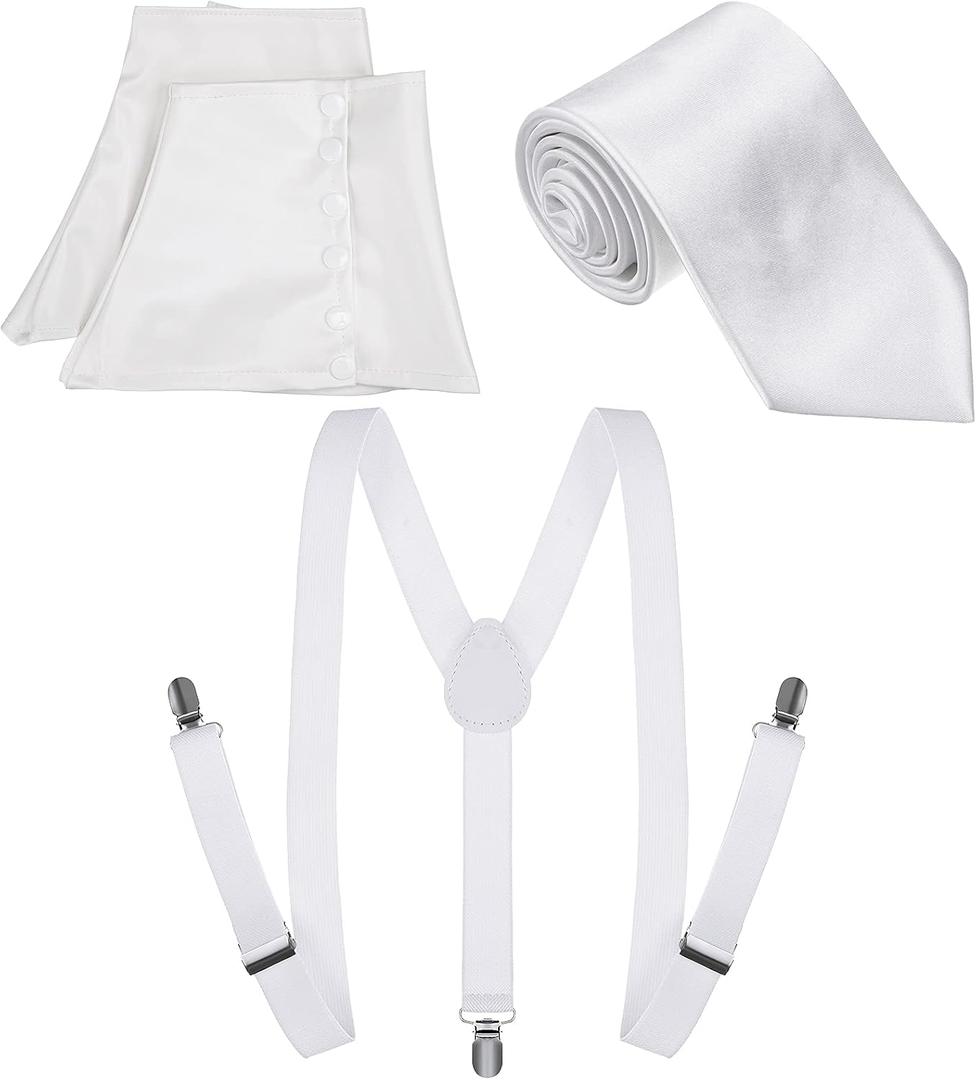 1920s White Mens Cosplay Costume Accessories Set Including Gangster Spats Suspenders Y-back Trouser Braces White Tie