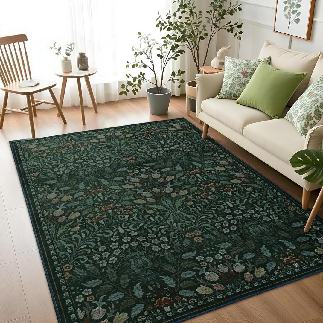 Vasofe 3x5 Rug for Bedroom,Washable Rugs for Living Room, Entryway, Non Slip Indoor Mat, Botanical Mats for Nrusery, Farmhouse, Dorm, Low Pile Soft Modern Throw Carpet, Green