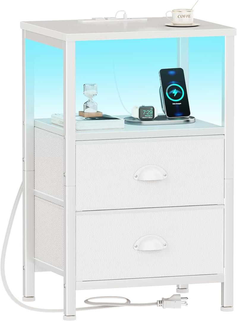 Furologee LED Night Stand with Charging Station, White Nightstand with Fabric Drawers, Bedside Table with Storage Shelf, End Table for Living Room/Bedroom/Dorm (1 PC)