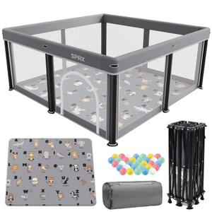 Foldable Baby Playpen with Mat,50"50" Collapsible Playard for Babies and Toddlers,Indoor&Outdoor Kids Safety Play Pen,Portable Travel Playpen with Travel Pack and 30 Ocean Balls