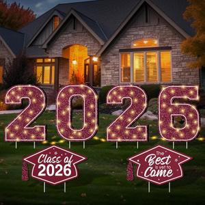 2026 Graduation Yard Sign Decorations with LED String Light, Large 2026 Yard Signs with Stakes Class of 2026 Light Up Lawn Yard Signs for Outdoor Congrats Grad Party Pathway Decor SuppliesMaroon