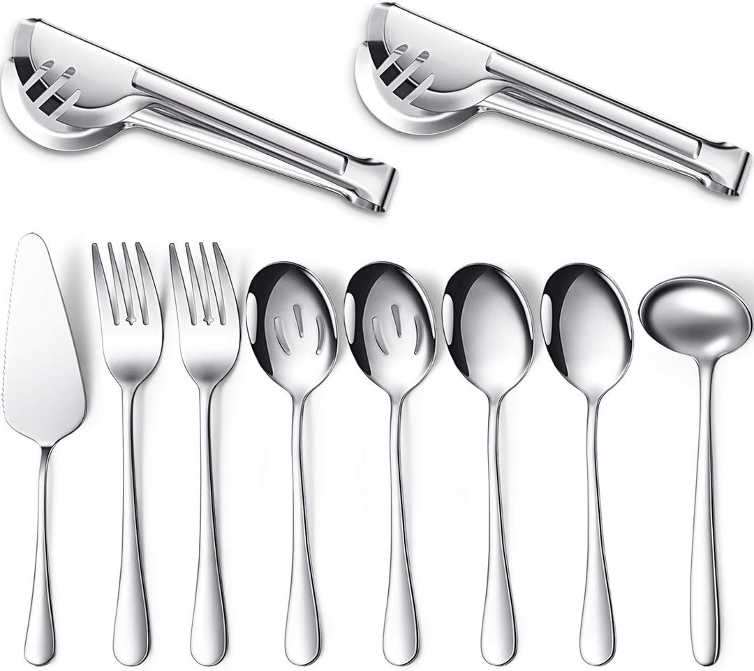 Patelai Serving Utensils Set Include Stainless Steel Large Spoons Slotted Spoons Forks Tongs Soup Ladle and Pie Server for Parties Buffet Catering, Dishwasher Safe(Silver, 10 Pieces)
