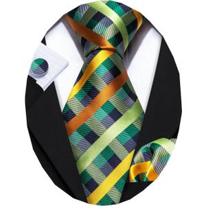 Barry.Wang Designer Classic Ties for Men Set Formal Pocket Square Cufflink Check Plaid (Green and Orange)