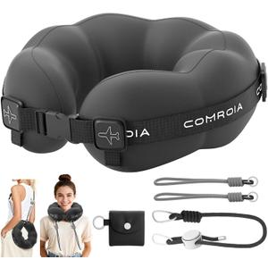 Travel Neck Pillow for Airplane Sleeping 360 Head Support Prevents Bobbing, 100% Memory Foam Ergonomic Neck Cushion with No-Case-Needed Carry Strap for Long Flights & Car Washable Cover (Black)