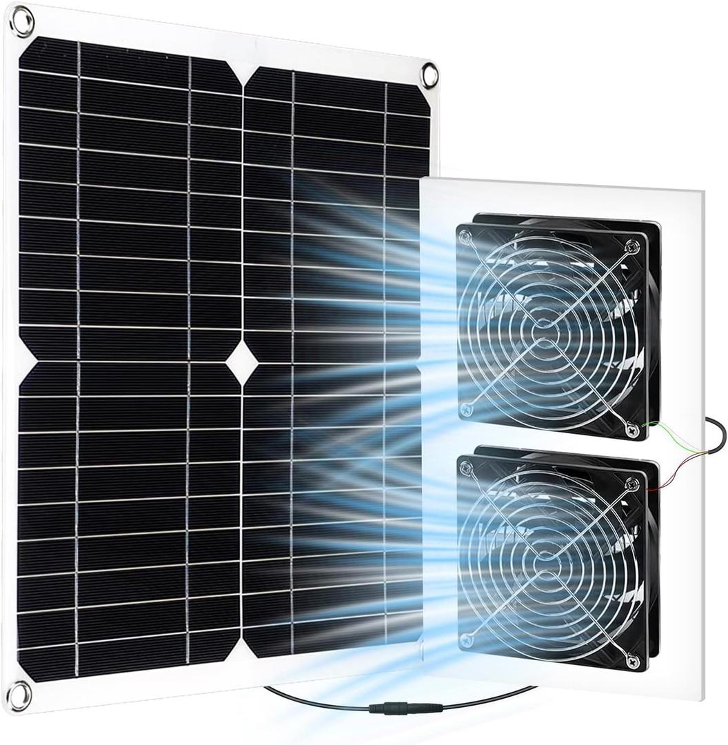 25W Solar Powered Fan for Chicken Coop, Plug Play, Solar Exhaust Fan for Shed, Greenhouse, Dog House, Kennel, Attic, Barn, Waterproof Ventilation with Strong Airflow, Easy Connector (25W 36.0 x 33.0 INCHES with Dual Fan Combination)