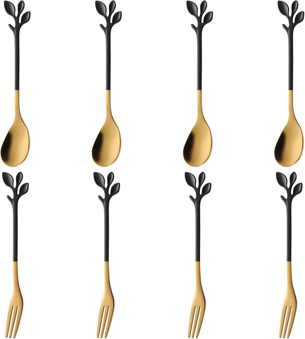 AnSaw 8-Piece Black & Gold 4.7" Leaf Handle Mini Spoons & Forks - Perfect for Coffee, Desserts, Tea, Appetizers | Elegant Stainless Steel Cutlery Set for Parties, Charcuterie Boards & Cocktails