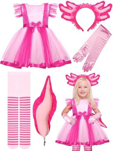 Fourluoo 3 Pcs Pink Axolotl Costume for Girl Pink Tutu Skirt Halloween Cosplay Set for Kid Halloween Dress up Cosplay Party, Size 3-5Y