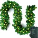 10FT Pre-lit Christmas Garland with 50 LED Lights, Battery Operated with Timer, Lush Artificial Xmas Greenery for Indoor & Outdoor Holiday Decoration, Green