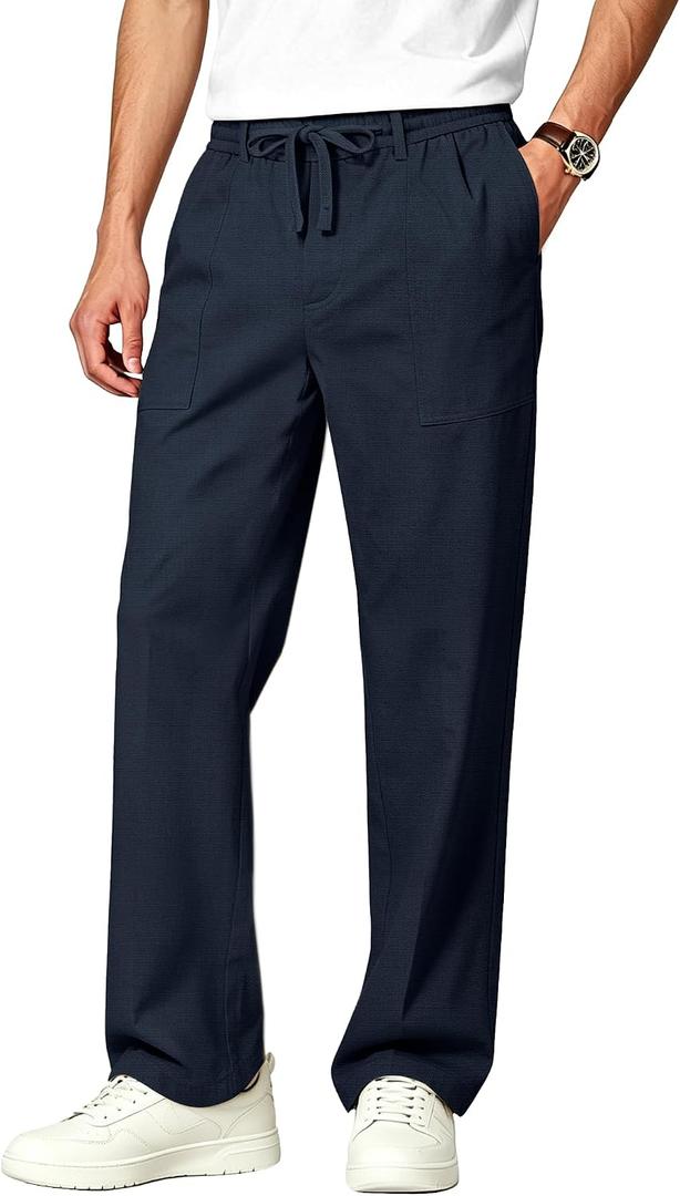 Mens Linen Pants Casual Elastic Waist Drawstring Pants Loose Straight Linen Pant Beach Trousers with 4 Pockets, Size 3XL