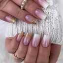 Ombre Pink Press on Nails Medium Square Fake Nails with Designs Glitter False Nail Press ons Gold Foil Glue on Nails Glossy Full Cover Acrylic Artificial Stick on Nails for Women Manicure 24pcs (Style-10)